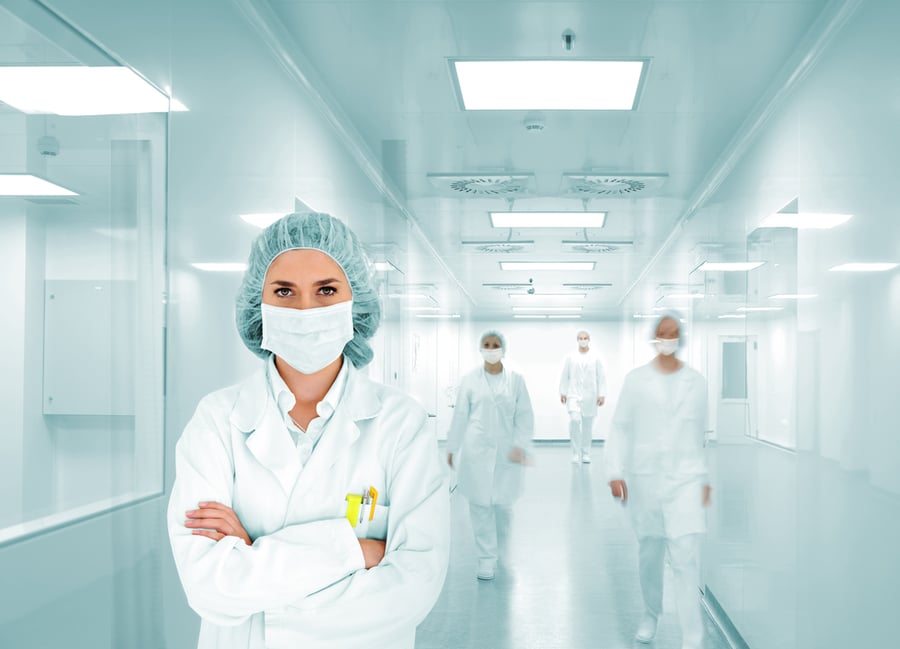 Scientists team at modern hospital lab, group of doctors